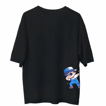 Bisiklet Yaka Baskılı Oversize T-Shirt - Siyah -