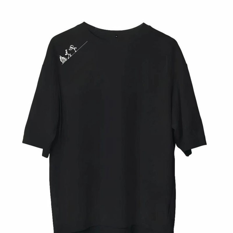 Bisiklet Yaka Baskılı Oversize T-Shirt - Siyah -