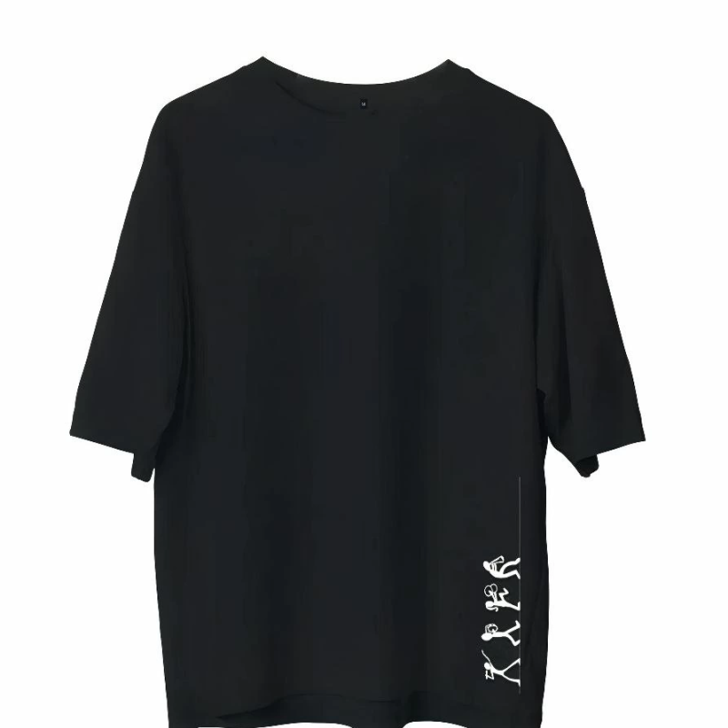 Bisiklet Yaka Baskılı Oversize T-Shirt - Siyah -