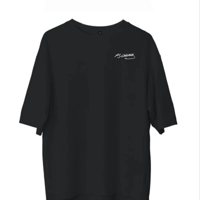 Bisiklet Yaka Baskılı Oversize T-Shirt - Siyah