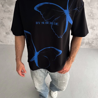 Bisiklet Yaka Baskılı Oversize T-Shirt - Siyah