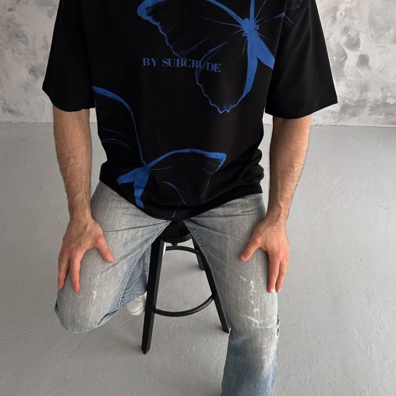 Bisiklet Yaka Baskılı Oversize T-Shirt - Siyah