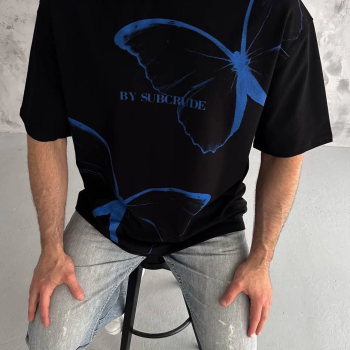 Bisiklet Yaka Baskılı Oversize T-Shirt - Siyah