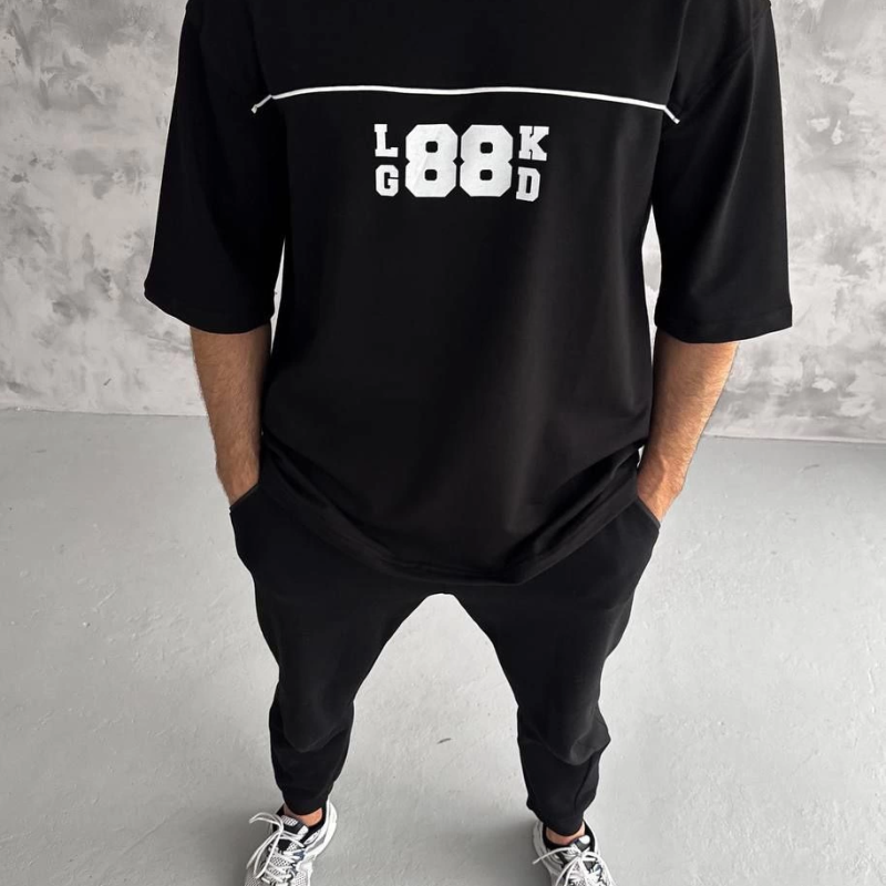 Bisiklet Yaka Baskılı Oversize T-Shirt - Siyah -