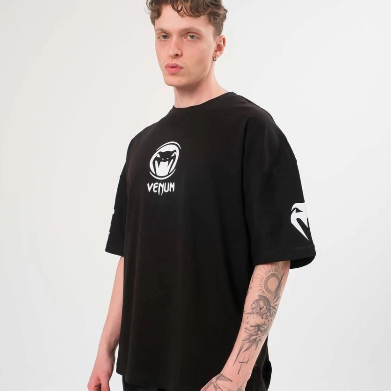 Bisiklet Yaka Baskılı Oversize T-Shirt - Siyah -