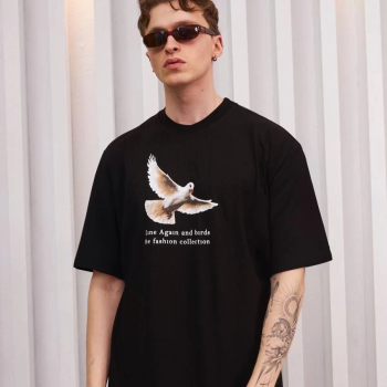 Bisiklet Yaka Baskılı Oversize T-Shirt - Siyah -