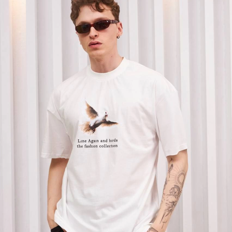 Bisiklet Yaka Baskılı Oversize T-Shirt - Siyah -