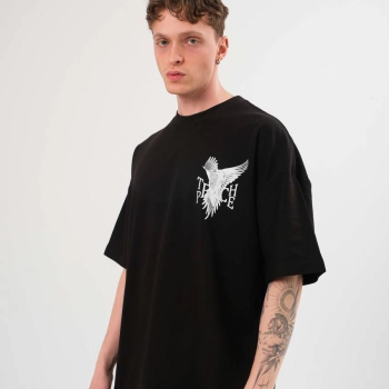 Bisiklet Yaka Baskılı Oversize T-Shirt - Siyah -