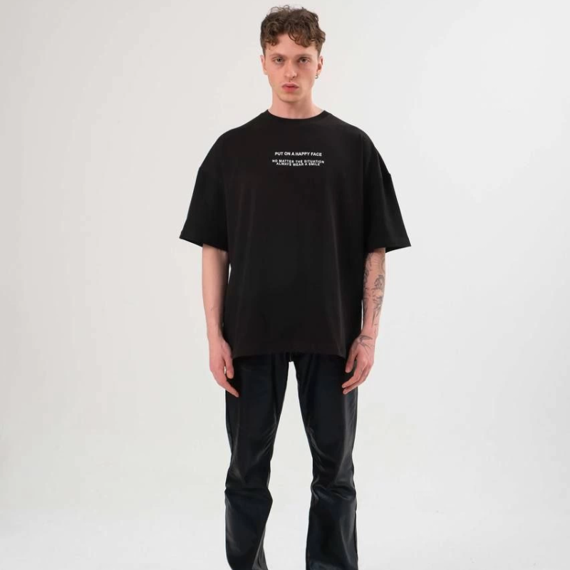 Bisiklet Yaka Baskılı Oversize T-Shirt - Siyah -