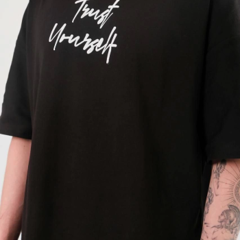 Bisiklet Yaka Baskılı Oversize T-Shirt - Siyah -