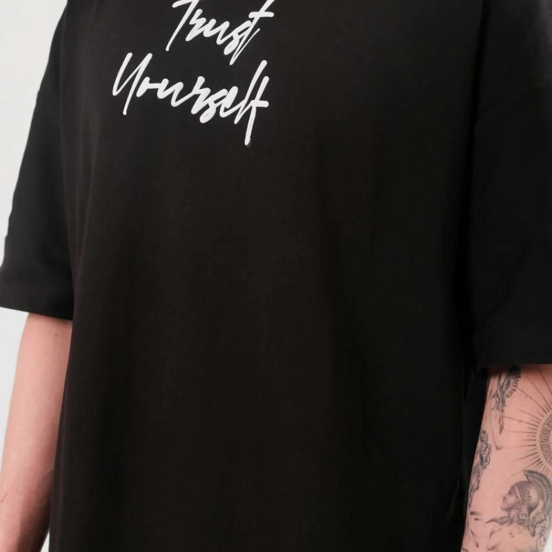 Bisiklet Yaka Baskılı Oversize T-Shirt - Siyah -