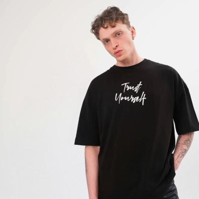 Bisiklet Yaka Baskılı Oversize T-Shirt - Siyah -