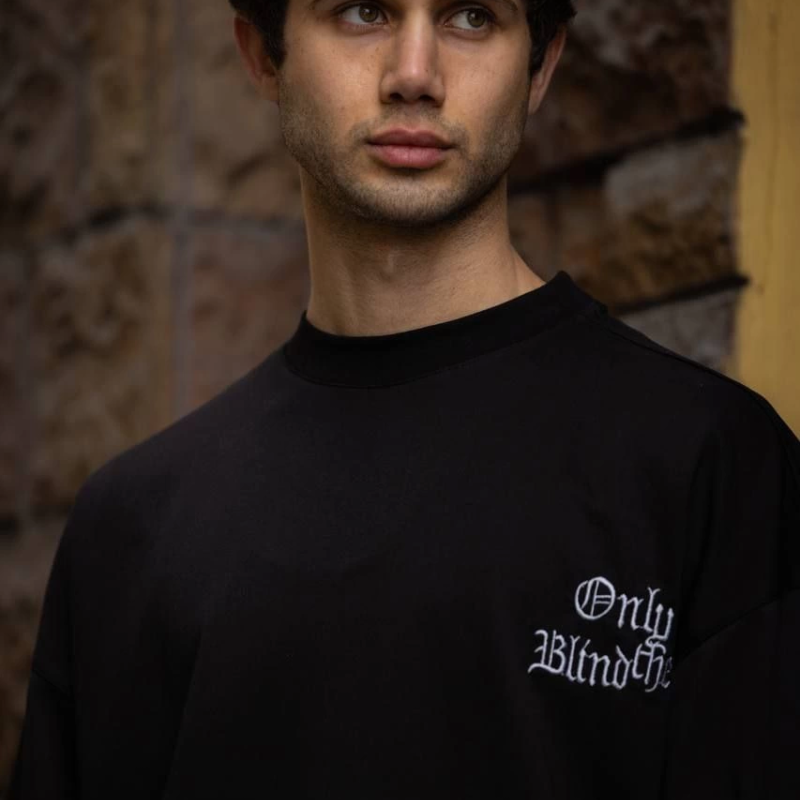 Bisiklet Yaka Baskılı Oversize T-Shirt - Siyah