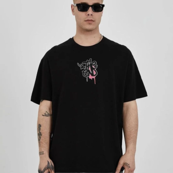 Bisiklet Yaka Baskılı Oversize T-Shirt - Siyah