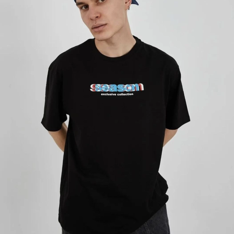 Bisiklet Yaka Baskılı Oversize T-Shirt - Siyah