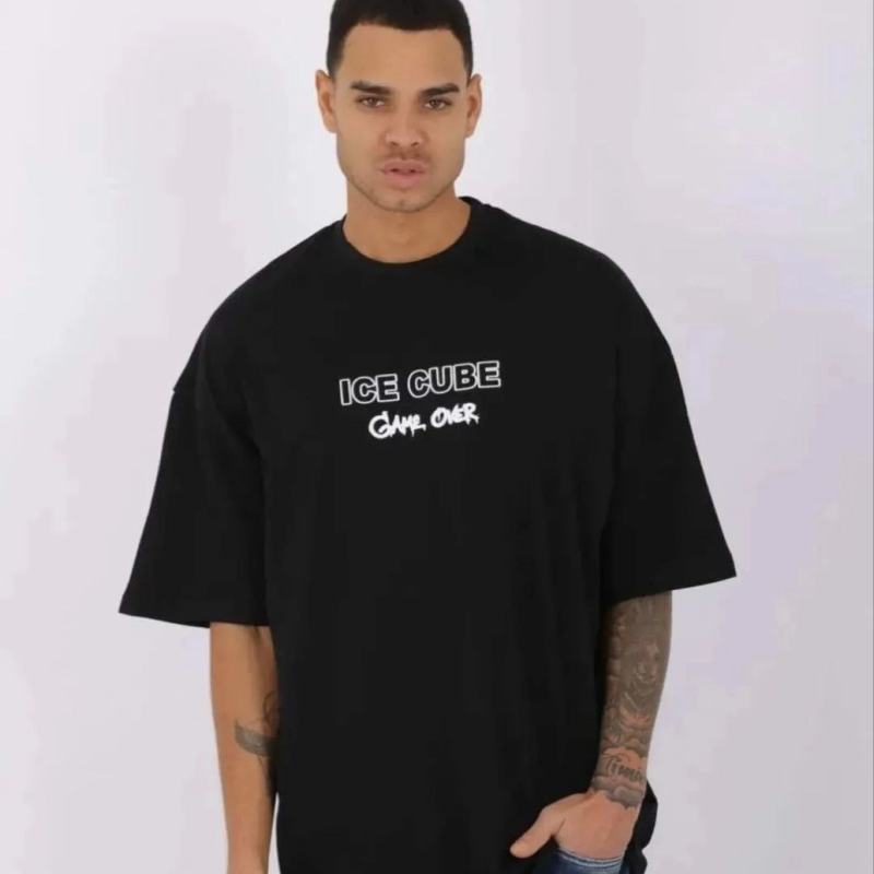 Bisiklet Yaka Baskılı Oversize T-Shirt - Siyah