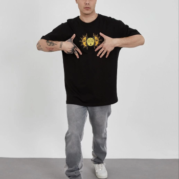 Bisiklet Yaka Baskılı Oversize T-Shirt - Siyah -