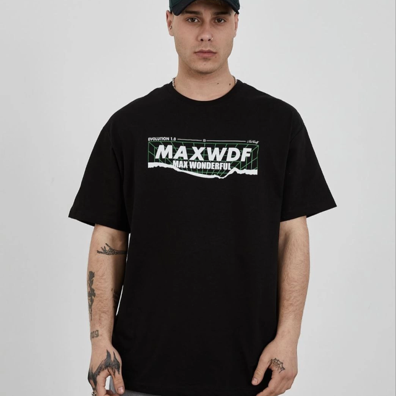 Bisiklet Yaka Baskılı Oversize T-Shirt - Siyah -