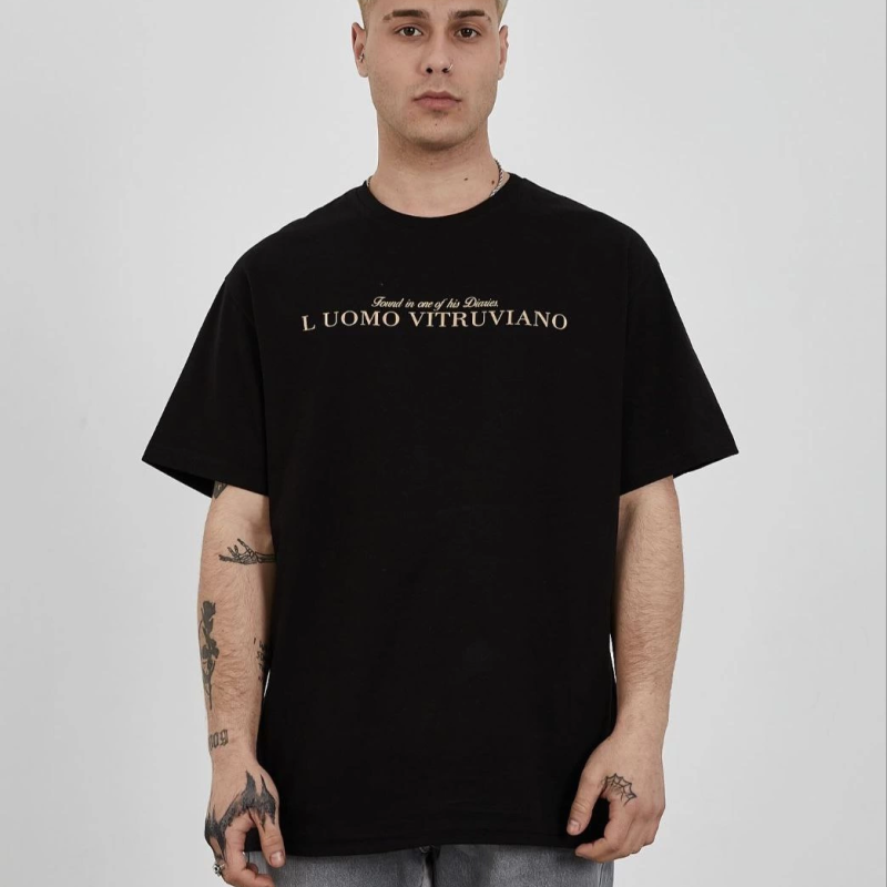 Bisiklet Yaka Baskılı Oversize T-Shirt - Siyah -