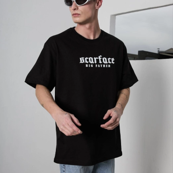 Bisiklet Yaka Baskılı Oversize T-Shirt - Siyah