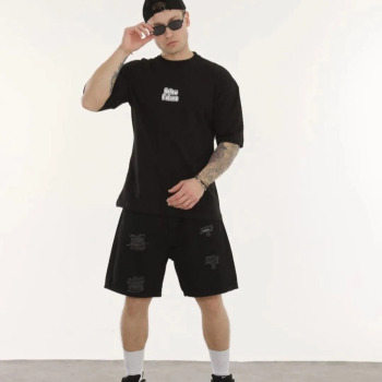 Bisiklet Yaka Baskılı Oversize T-Shirt - Siyah