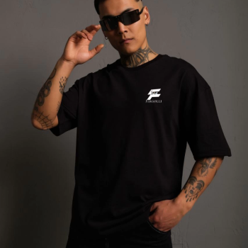 Bisiklet Yaka Baskılı Oversize T-Shirt - Siyah -