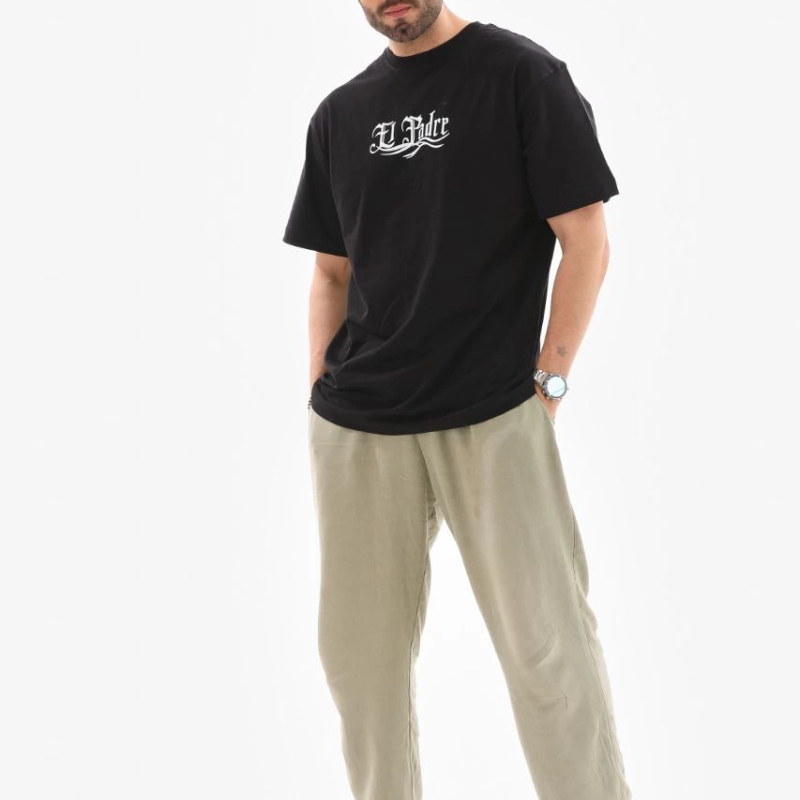 Bisiklet Yaka Baskılı Oversize T-Shirt - Siyah -