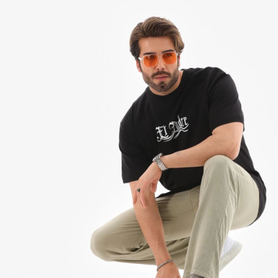 Bisiklet Yaka Baskılı Oversize T-Shirt - Siyah -