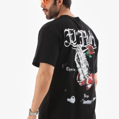 Bisiklet Yaka Baskılı Oversize T-Shirt - Siyah -