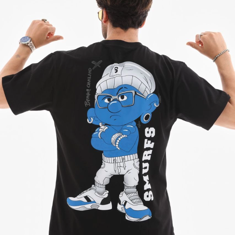 Bisiklet Yaka Baskılı Oversize T-Shirt - Siyah -