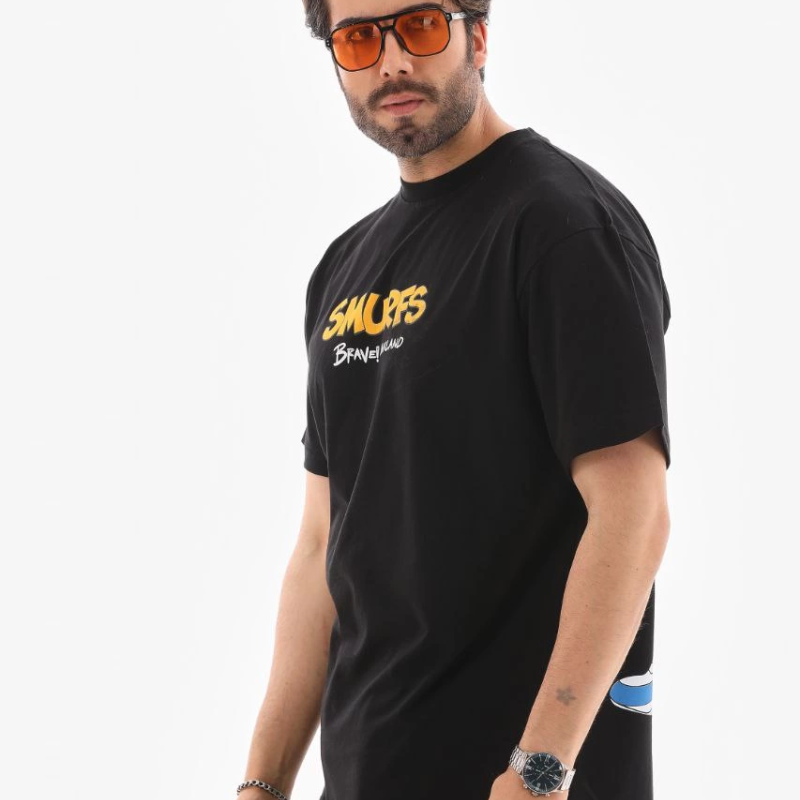 Bisiklet Yaka Baskılı Oversize T-Shirt - Siyah -