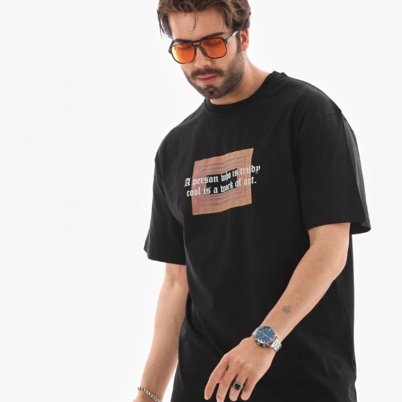 Bisiklet Yaka Baskılı Oversize T-Shirt - Siyah -