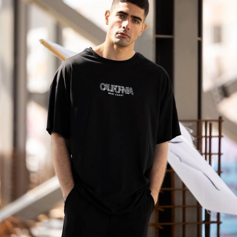 Bisiklet Yaka Baskılı Oversize T-Shirt - Siyah -