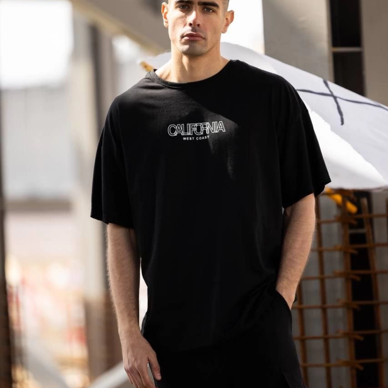 Bisiklet Yaka Baskılı Oversize T-Shirt - Siyah -