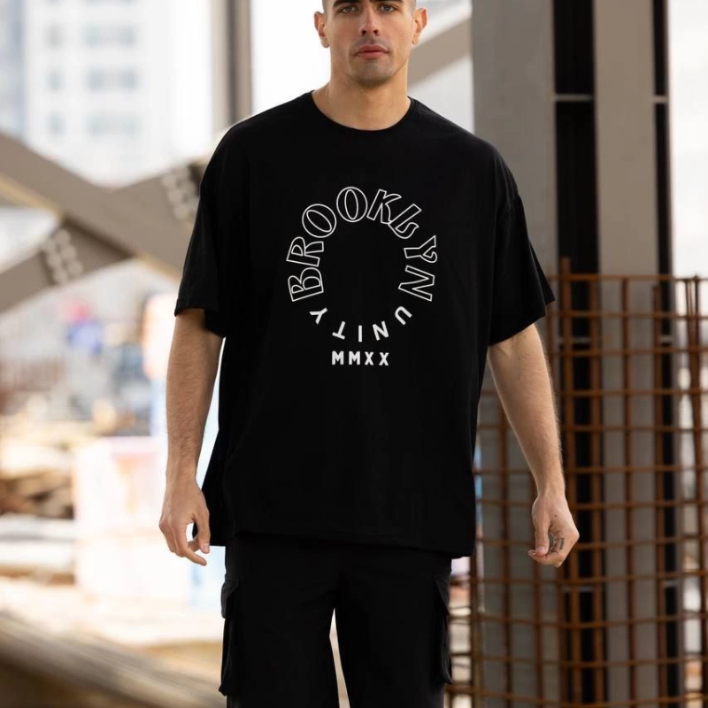 Bisiklet Yaka Baskılı Oversize T-Shirt - Siyah -