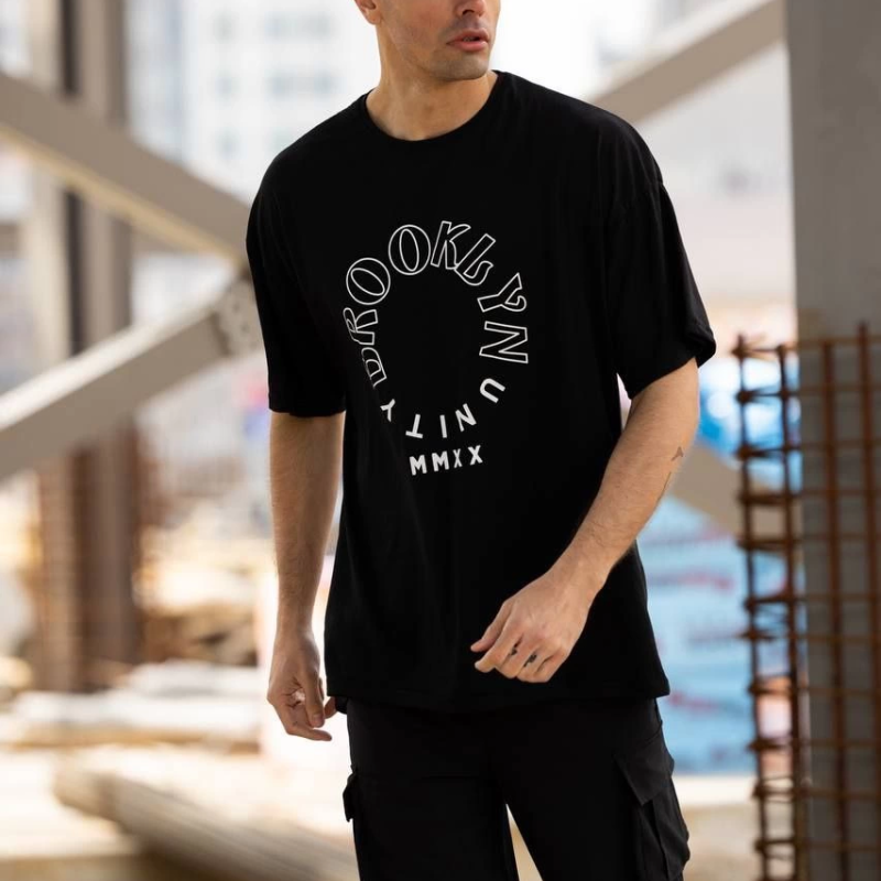 Bisiklet Yaka Baskılı Oversize T-Shirt - Siyah -