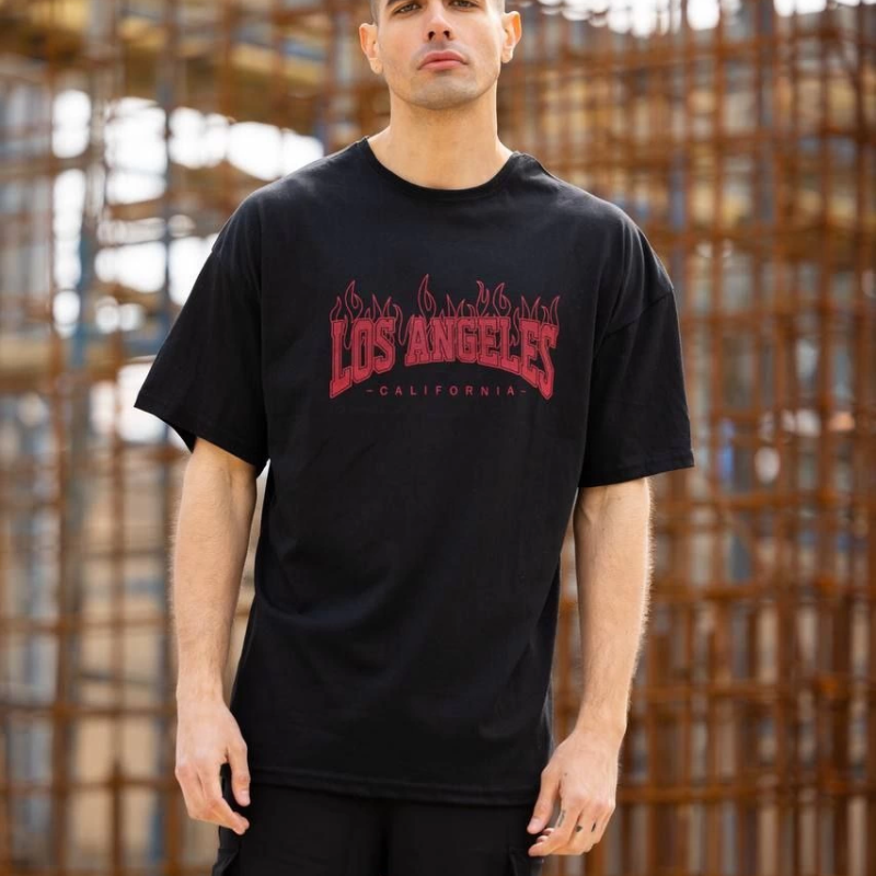 Bisiklet Yaka Baskılı Oversize T-Shirt - Siyah -