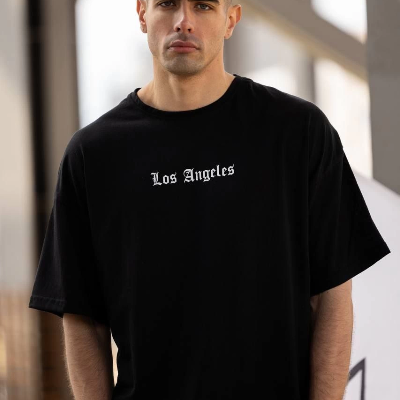 Bisiklet Yaka Baskılı Oversize T-Shirt - Siyah -