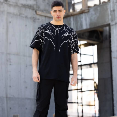 Bisiklet Yaka Baskılı Oversize T-Shirt - Siyah