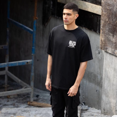 Bisiklet Yaka Baskılı Oversize T-Shirt - Siyah -