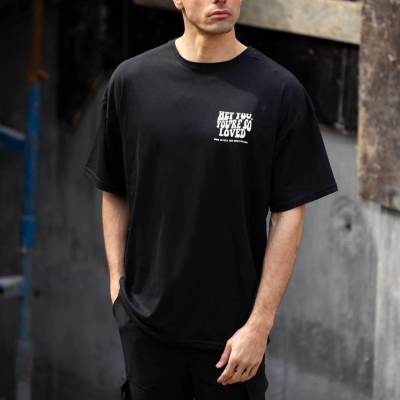 Bisiklet Yaka Baskılı Oversize T-Shirt - Siyah -