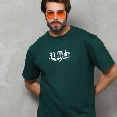 Bisiklet Yaka Baskılı Oversize T-Shirt - Yeşil -