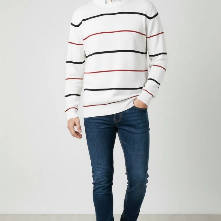 Bisiklet Yaka Cizgili Triko Kazak yumuşak dokulu Pamuklu ince Dokuma, uzun kollu Rahat Regular kalıp - Beyaz