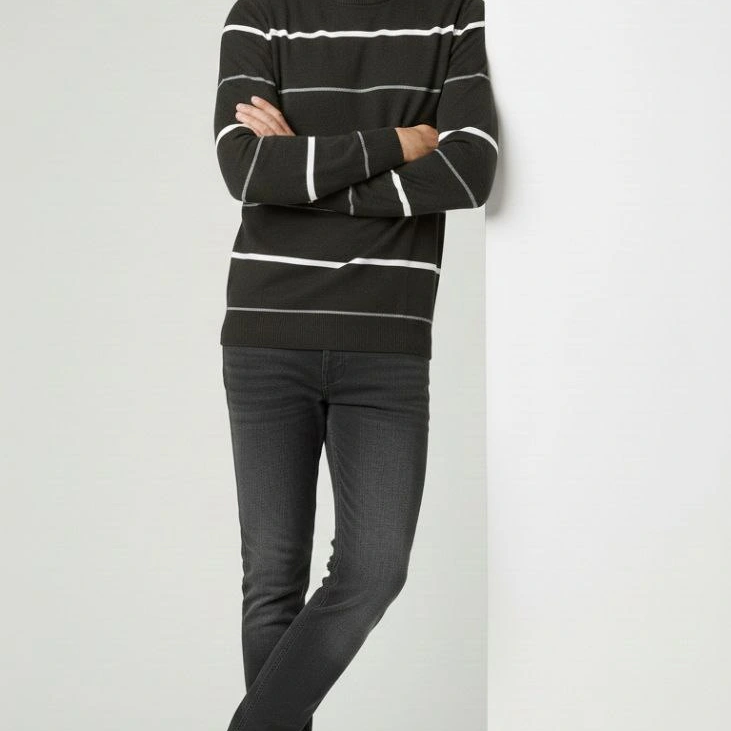 Bisiklet Yaka Cizgili Triko Kazak yumuşak dokulu Pamuklu ince Dokuma, uzun kollu Rahat Regular kalıp - Füme