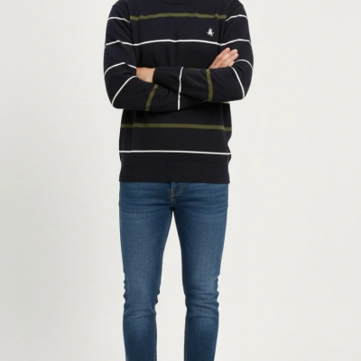 Bisiklet Yaka Cizgili Triko Kazak yumuşak dokulu Pamuklu ince Dokuma, uzun kollu Rahat Regular kalıp - Lacivert