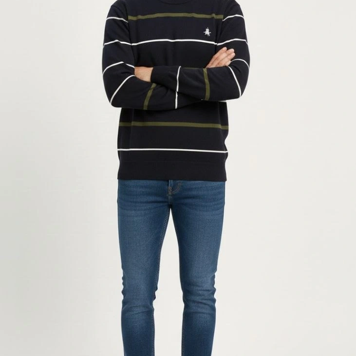 Bisiklet Yaka Cizgili Triko Kazak yumuşak dokulu Pamuklu ince Dokuma, uzun kollu Rahat Regular kalıp - Lacivert