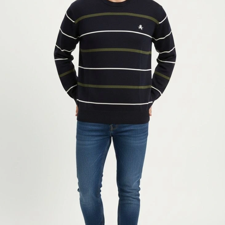 Bisiklet Yaka Cizgili Triko Kazak yumuşak dokulu Pamuklu ince Dokuma, uzun kollu Rahat Regular kalıp - Lacivert