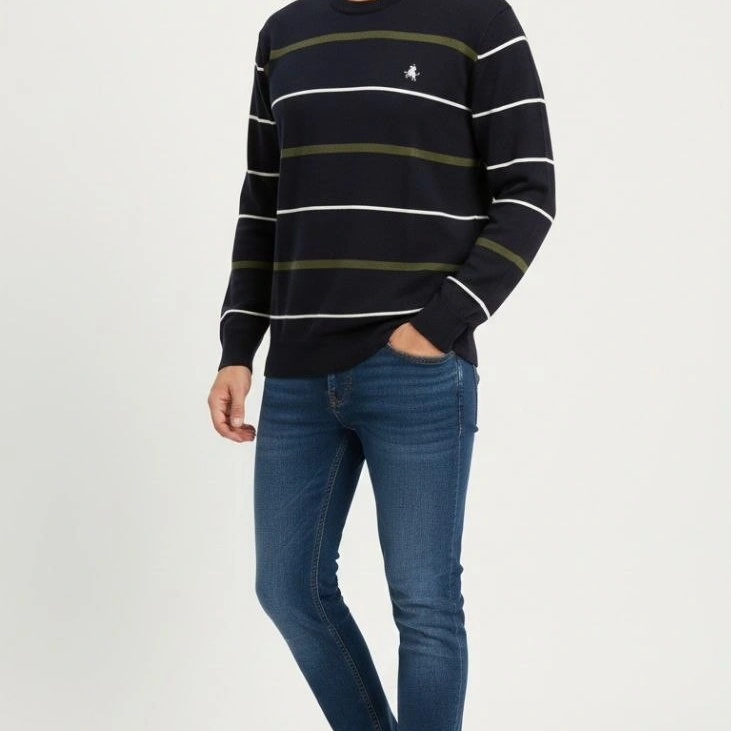 Bisiklet Yaka Cizgili Triko Kazak yumuşak dokulu Pamuklu ince Dokuma, uzun kollu Rahat Regular kalıp - Lacivert