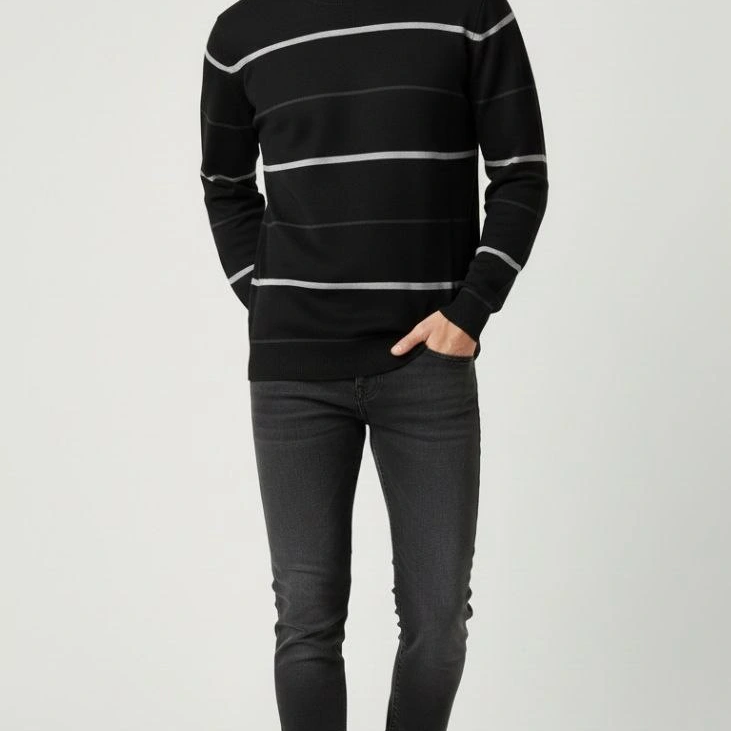 Bisiklet Yaka Cizgili Triko Kazak yumuşak dokulu Pamuklu ince Dokuma, uzun kollu Rahat Regular kalıp - Siyah