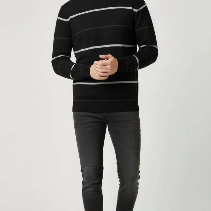 Bisiklet Yaka Cizgili Triko Kazak yumuşak dokulu Pamuklu ince Dokuma, uzun kollu Rahat Regular kalıp - Siyah